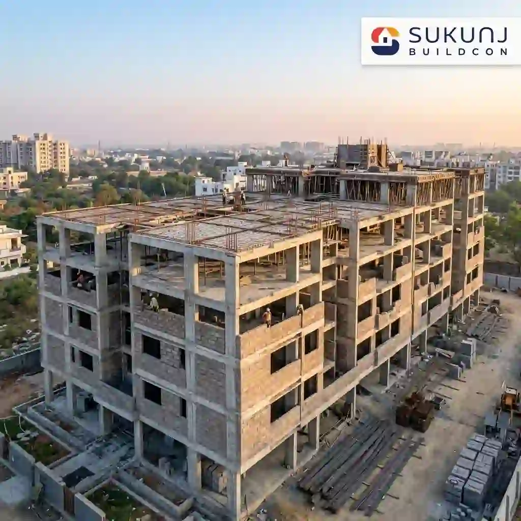 Modern residential building site in India displaying reinforced concrete columns, TMT steel rebar beams, and AAC block masonry walls under a clear sky.