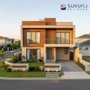 Newly built modern 3 BHK turnkey duplex home in Indore featuring a contemporary exterior elevation design and UPVC windows.