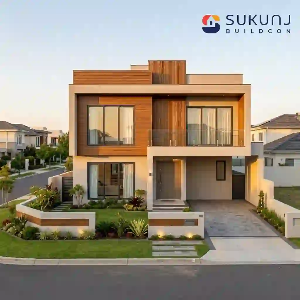 Newly built modern 3 BHK turnkey duplex home in Indore featuring a contemporary exterior elevation design and UPVC windows.