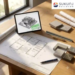 Fully compliant architectural blueprint for luxury Home Construction in Indore featuring IMC approval stamp.