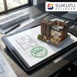 Fully compliant Front elevation designs for small plots in Indore showing IMC approval.