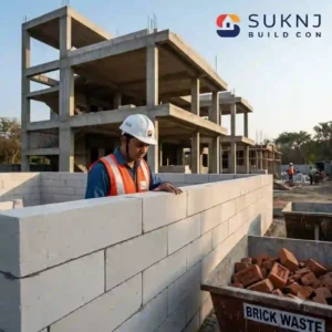Senior Engineer in Indore inspecting precision engineered masonry blocks replacing red bricks on a residential site.