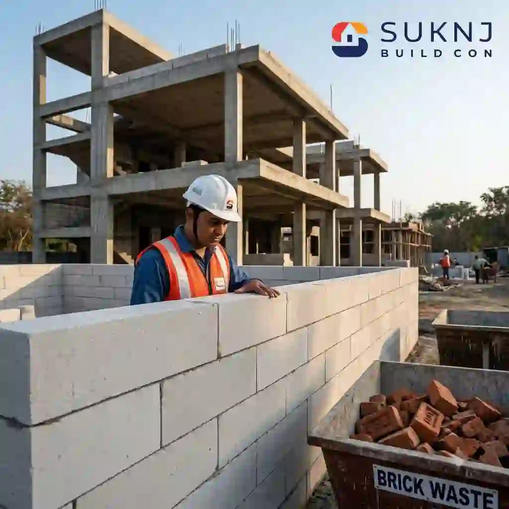 Senior Engineer in Indore inspecting precision engineered masonry blocks replacing red bricks on a residential site.