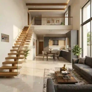 A beautiful, space-saving open floor plan in Indore designed for a compact 15x50 residential plot.