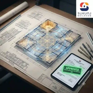 Architect reviewing a Vastu Shastra compliant floor plan for Residential construction in Indore.