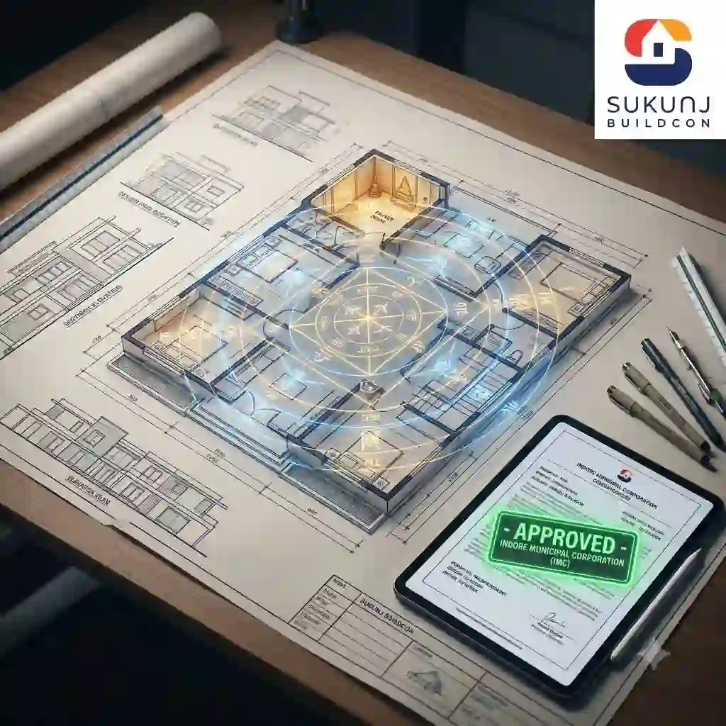 Architect reviewing a Vastu Shastra compliant floor plan for Residential construction in Indore.